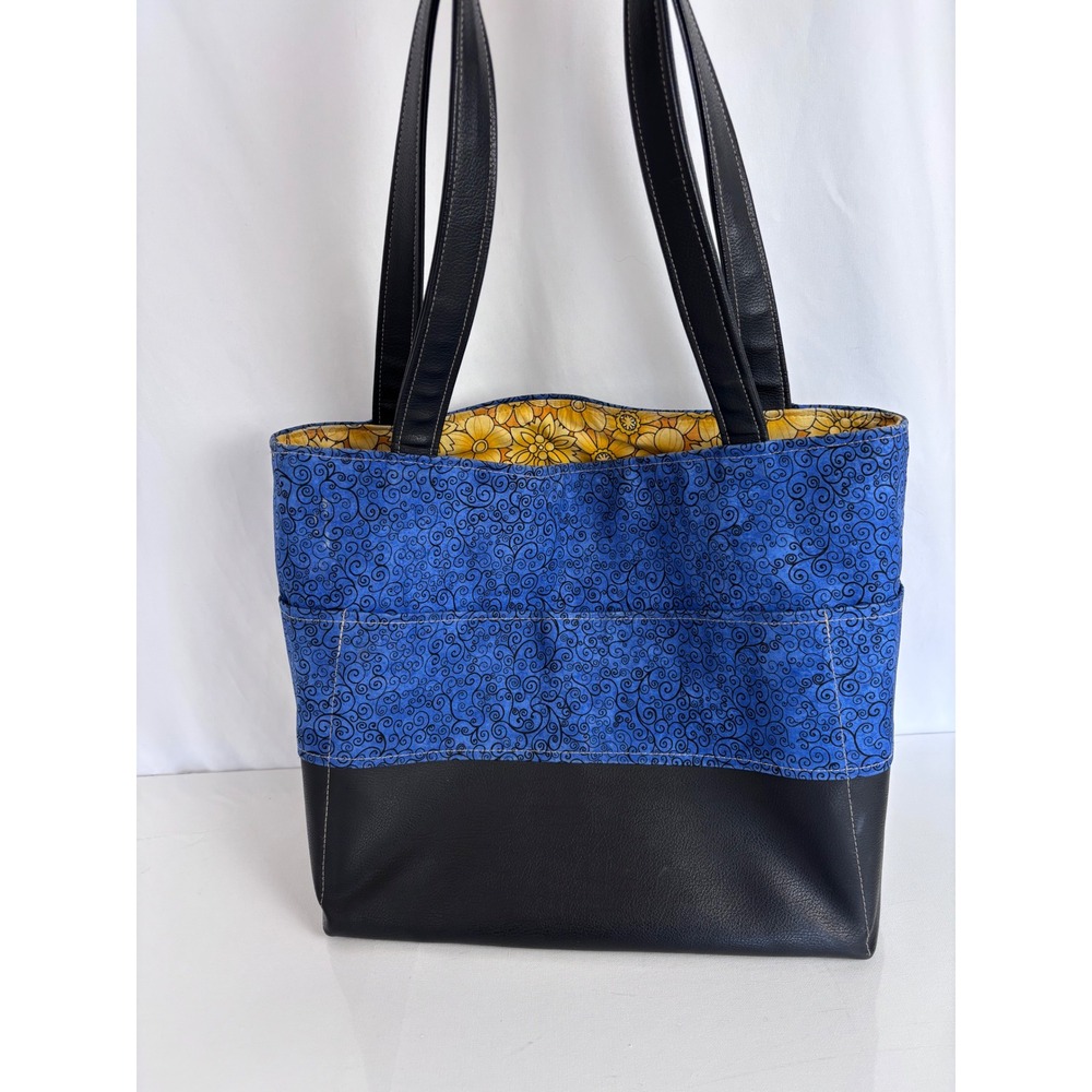 Too Cute Totes Blue Scroll Black Faux Leather Shoulder Bag Yellow Floral Lining